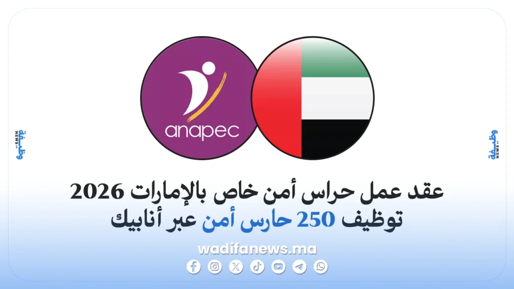 عقد عمل حراس أمن خاص بالإمارات 2026: توظيف 250 حارس أمن عبر ANAPEC براتب 2770 درهمًا إماراتيًا